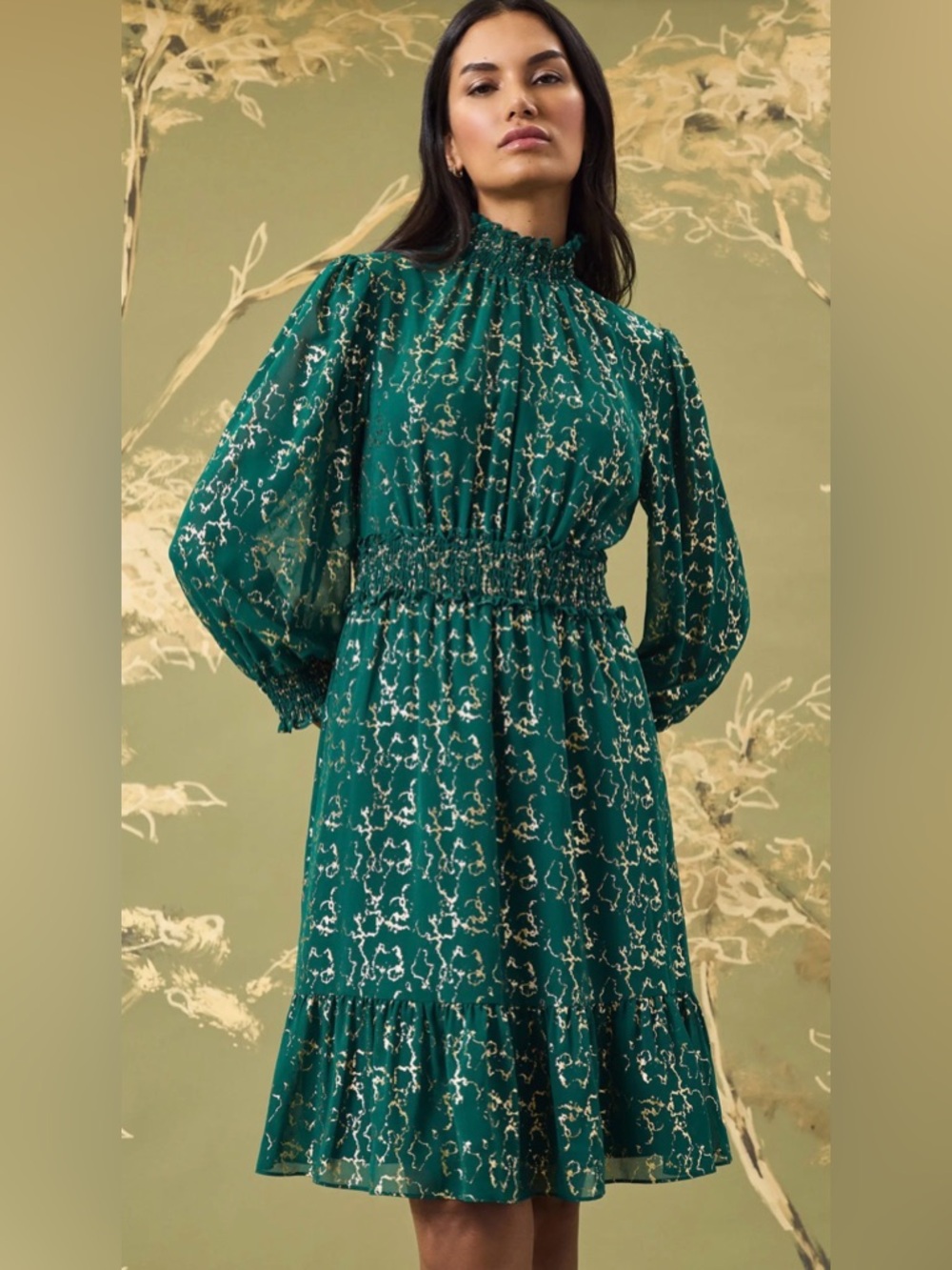 Maggy London Emerald Green Metallic-Print Smocked Midi Dress